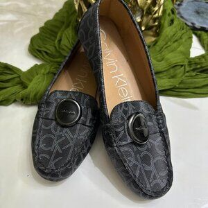 Calvin Klein Women Leana Loafer Black Logo Leather Slip On Casual Comfort Flat